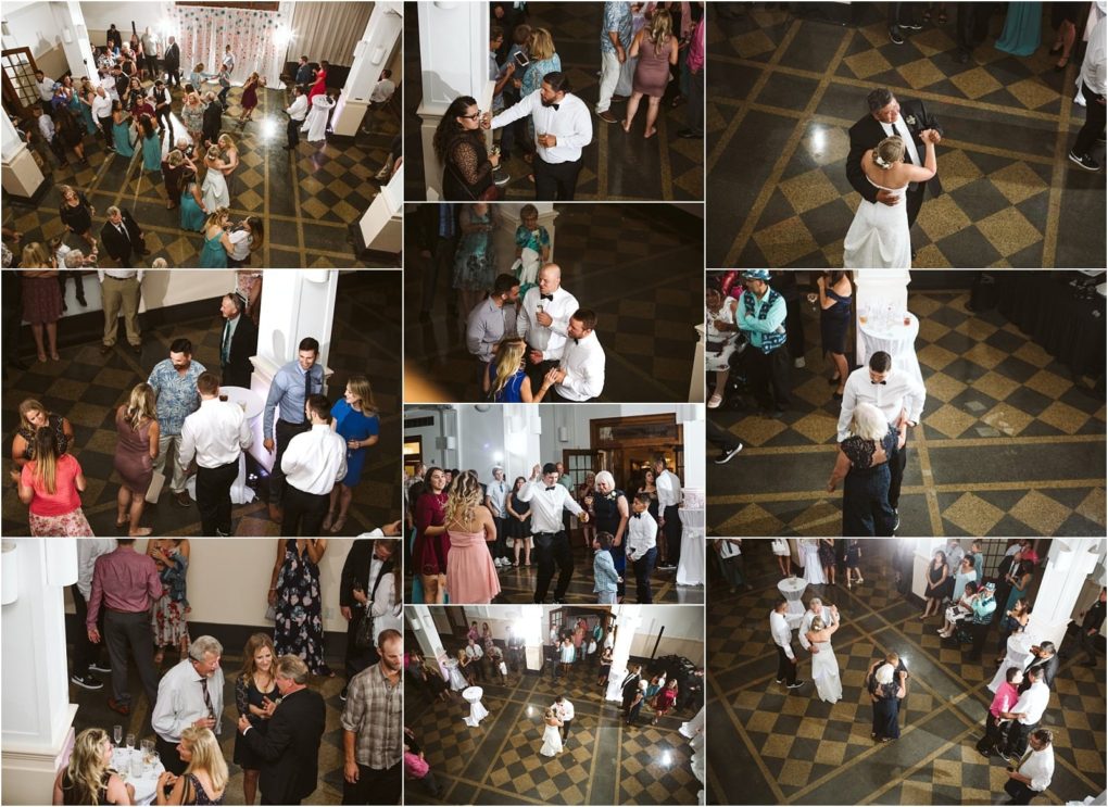 Premier snohomish & seattle wedding photographer | gsquared weddings photography a collage of snohomish wedding reception photos shows guests dancing mingling and enjoying themselves on a checkered floor in a spacious hall with the bride and groom featured in several joyful moments | serving snohomish seattle                   & beyond