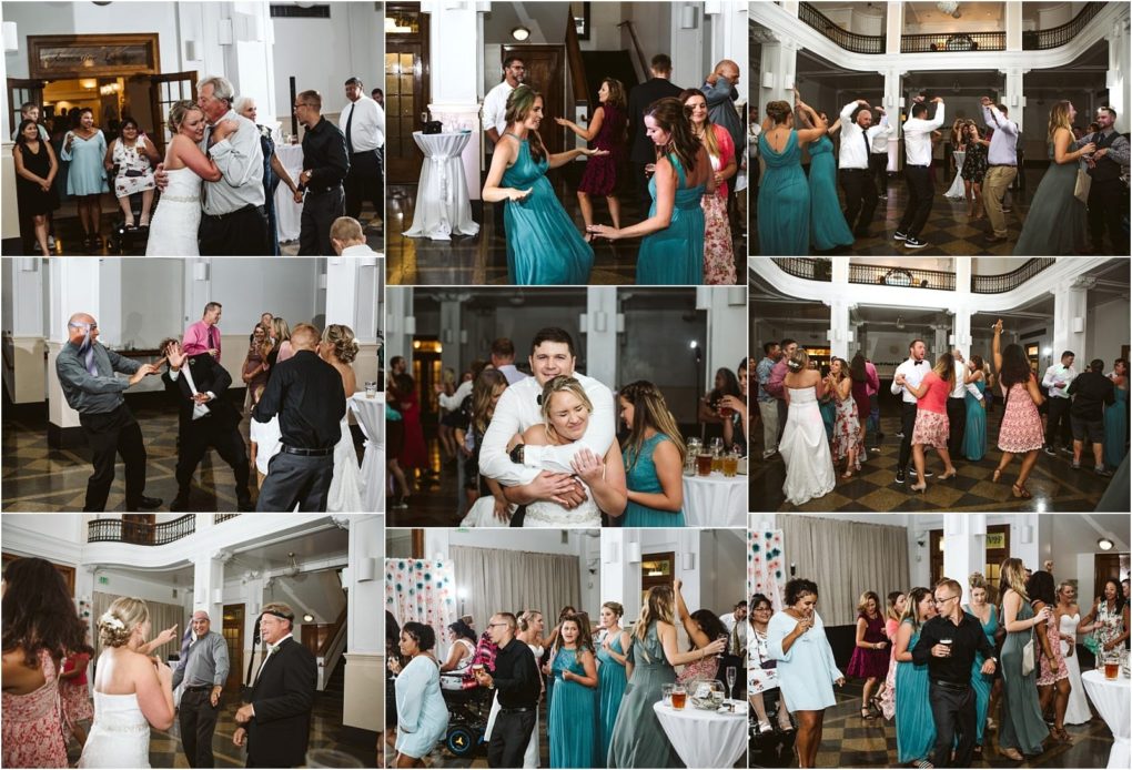 Premier snohomish & seattle wedding photographer | gsquared weddings photography a collage of snohomish wedding reception photos shows guests dancing laughing embracing and enjoying themselves on the dance floor in a bright elegant venue with white pillars and patterned floors | serving snohomish seattle                   & beyond