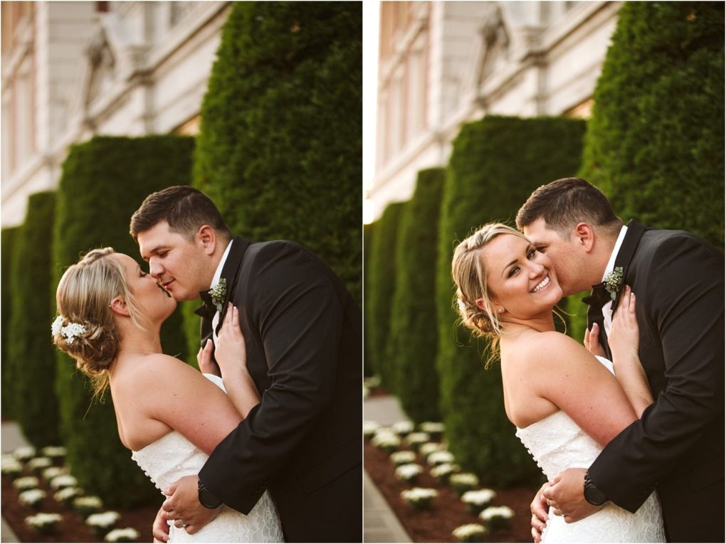 Premier snohomish & seattle wedding photographer | gsquared weddings photography a bride and groom in wedding attire embrace outdoors beside tall green hedges during their snohomish seattle wedding In one photo they lean in for a kiss in the other the groom kisses the brides cheek as she smiles at the camera | serving snohomish seattle                   & beyond