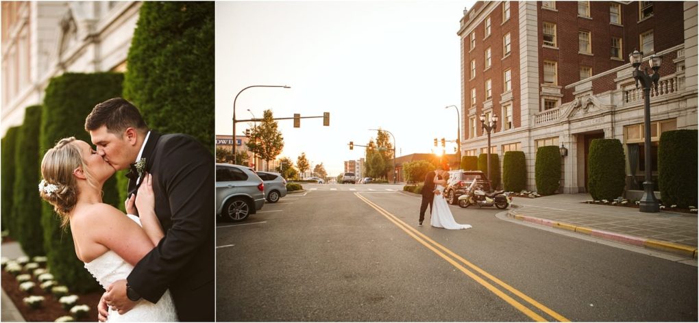 Premier snohomish & seattle wedding photographer | gsquared weddings photography a bride and groom kiss outside a historic snohomish building with one close up of their embrace and one wide shot showing them standing together in the middle of a quiet street at sunset | serving snohomish seattle                   & beyond