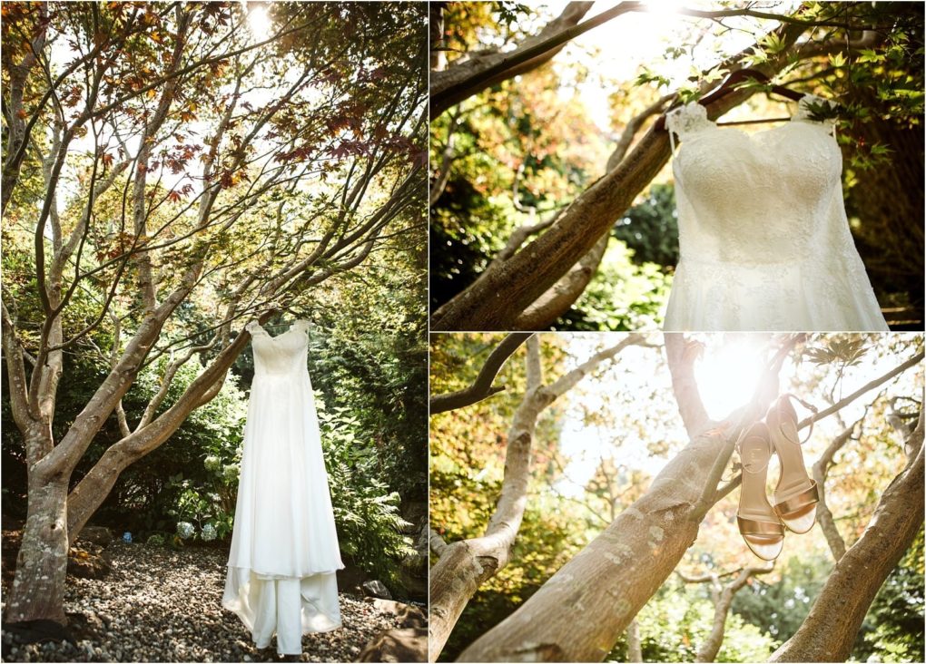 Premier snohomish & seattle wedding photographer | gsquared weddings photography a collage shows a white wedding dress hanging from a tree a close up of the dress on a branch and beige bridal shoes hung on another branch in a sunlit garden at a romantic snohomish seattle wedding | serving snohomish seattle                   & beyond
