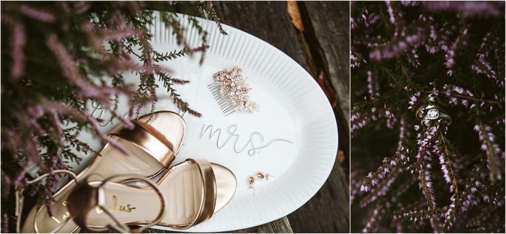Premier snohomish & seattle wedding photographer | gsquared weddings photography a pair of gold sandals and rose gold jewelry rest on a white plate with mrs  written on it surrounded by pink flowers A diamond engagement ring hints at a snohomish seattle wedding engagement among the petals on the right | serving snohomish seattle                   & beyond