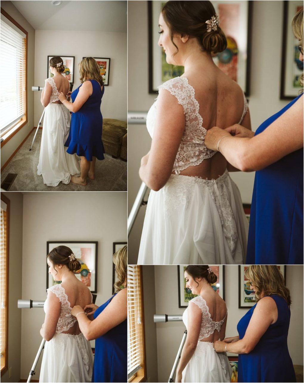 Premier snohomish & seattle wedding photographer | gsquared weddings photography a woman in a white wedding dress is helped by another woman in a blue dress as she fastens the back of the gown in a bright snohomish room with large windows and framed arta perfect seattle wedding moment | serving snohomish seattle                   & beyond