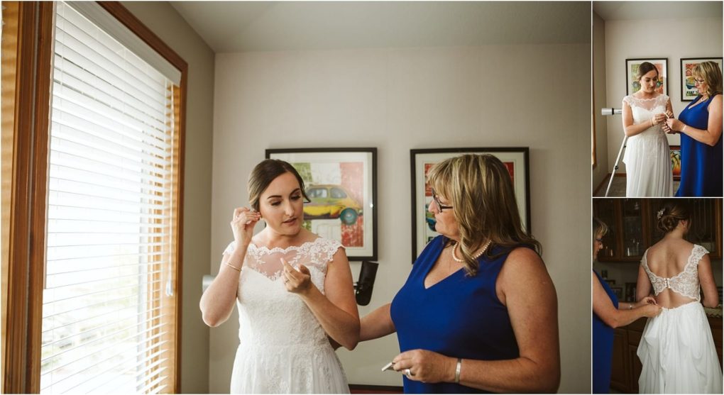 Premier snohomish & seattle wedding photographer | gsquared weddings photography a bride in a white dress puts on earrings by a window with a woman in a blue dress assisting her at their snohomish seattle wedding Smaller images capture her helping the bride with her dress and jewelry from different angles | serving snohomish seattle                   & beyond