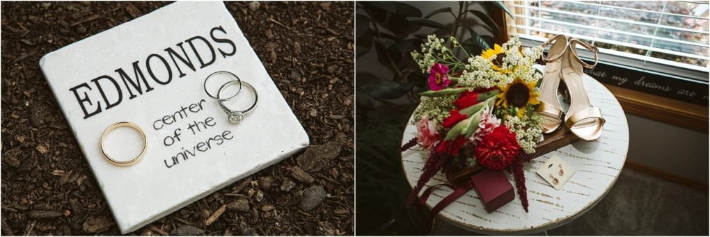 Premier snohomish & seattle wedding photographer | gsquared weddings photography a wedding band and rings rest on a marble tile labeled edmonds center of the universe Next to it heels and a colorful bouquet hint at a romantic snohomish or seattle wedding by the window | serving snohomish seattle                   & beyond