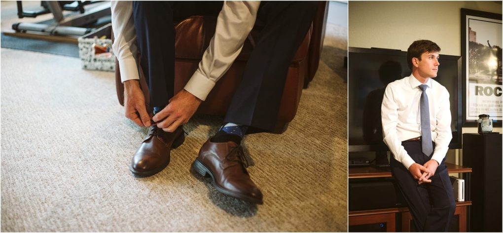 Premier snohomish & seattle wedding photographer | gsquared weddings photography a man in dress pants and a white shirt ties brown dress shoes in one image and sits on a cabinet in another looking to the side A framed poster and tv are visibleperfect inspiration for a snohomish seattle wedding or engagement | serving snohomish seattle                   & beyond