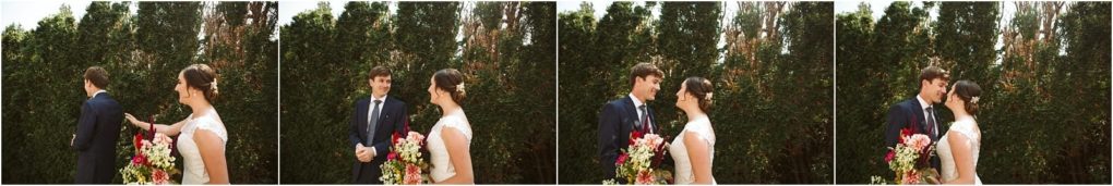 Premier snohomish & seattle wedding photographer | gsquared weddings photography a sequence of four photos shows a bride tapping the shoulder of her groom during their snohomish wedding He turns and smiles at her as they stand outdoors amid tall greenery with the bride holding a colorful bouquet | serving snohomish seattle                   & beyond