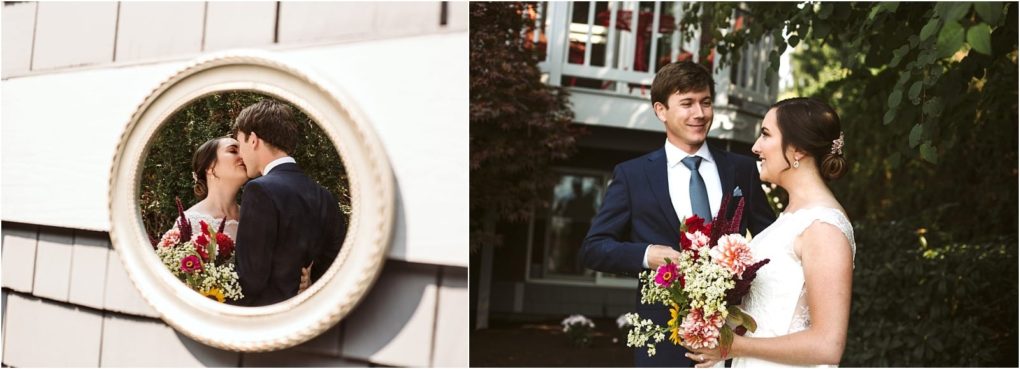 Premier snohomish & seattle wedding photographer | gsquared weddings photography a bride and groom smile at each other outdoors at their snohomish seattle wedding on the left their reflection appears in a round mirror while on the right they stand together holding a colorful bouquet | serving snohomish seattle                   & beyond