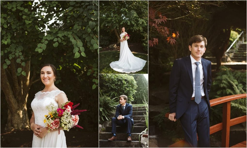 Premier snohomish & seattle wedding photographer | gsquared weddings photography a collage of snohomish wedding photos shows a bride in a white dress holding flowers and smiling and a groom in a navy suit posing outdoors among trees and greenery | serving snohomish seattle                   & beyond