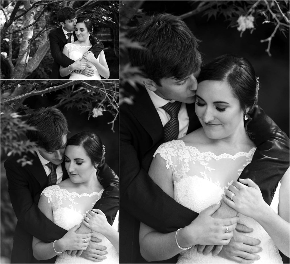 Premier snohomish & seattle wedding photographer | gsquared weddings photography a collage of three black and white photos shows a groom tenderly embracing and kissing his smiling bride in an outdoor snohomish setting surrounded by treesa timeless seattle wedding engagement moment | serving snohomish seattle                   & beyond