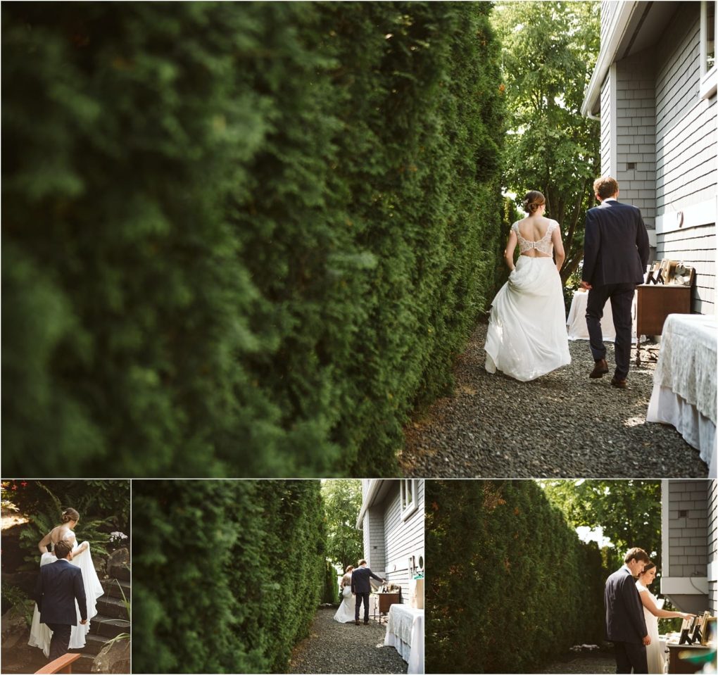 Premier snohomish & seattle wedding photographer | gsquared weddings photography a bride in a white dress and a groom in a suit walk along a gravel path beside a tall green hedge and gray building at their snohomish seattle wedding with tables nearby smaller images capture similar candid engagement moments outdoors | serving snohomish seattle                   & beyond