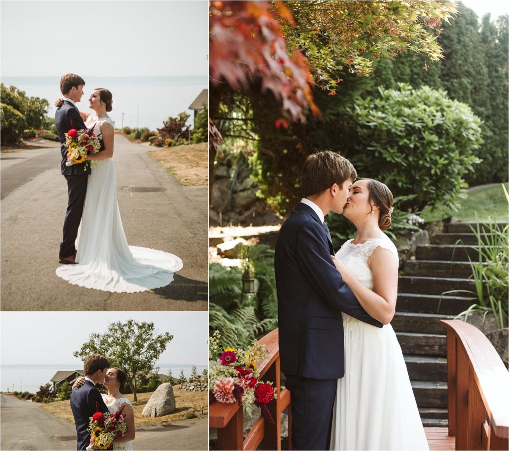 Premier snohomish & seattle wedding photographer | gsquared weddings photography a snohomish seattle wedding engagement captures a bride and groom sharing romantic moments outdoors standing on a road by the water embracing on a garden path and kissing on a small wooden bridge surrounded by greenery | serving snohomish seattle                   & beyond