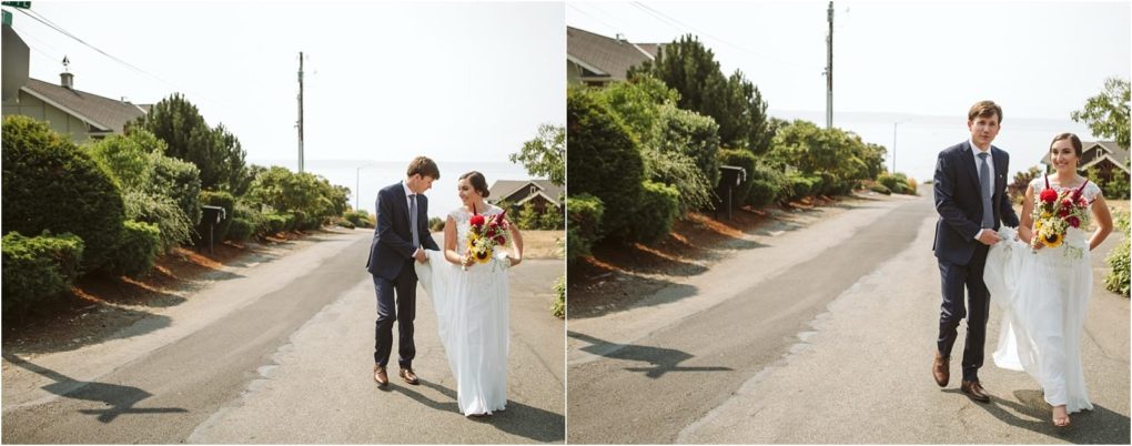 Premier snohomish & seattle wedding photographer | gsquared weddings photography a bride and groom walk together down a quiet sunlit road in snohomish smiling at each other The bride holds a bouquet of colorful flowers with trees and houses lining the streetcapturing a perfect seattle wedding moment | serving snohomish seattle                   & beyond