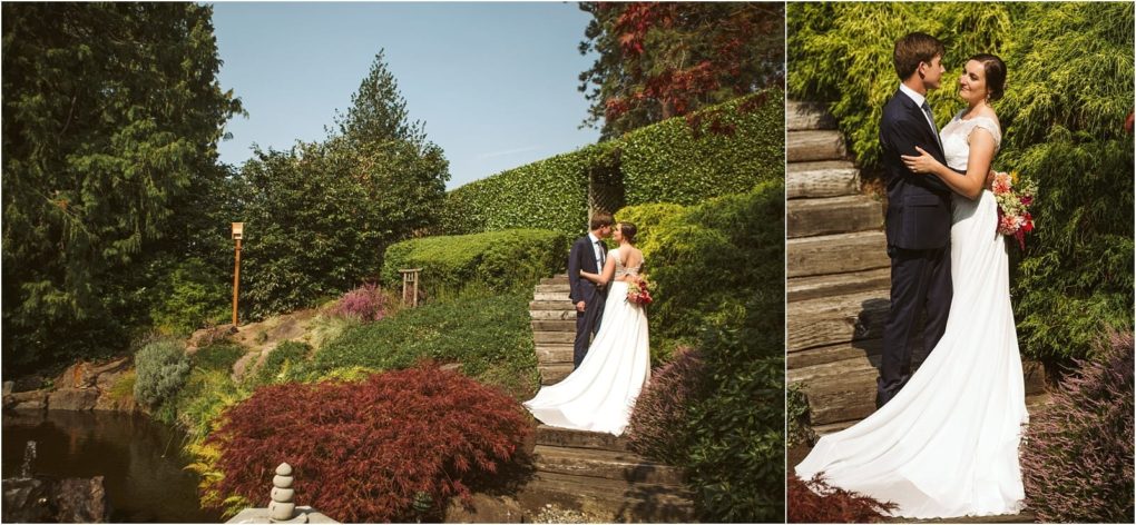 Premier snohomish & seattle wedding photographer | gsquared weddings photography a bride and groom stand together on wooden garden steps surrounded by lush greenery and colorful foliage sharing a romantic moment outdoors on a sunny snohomish seattle wedding day | serving snohomish seattle                   & beyond