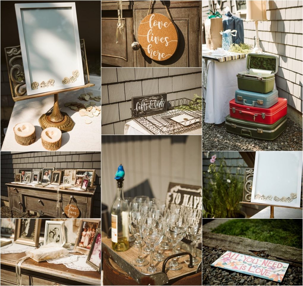 Premier snohomish & seattle wedding photographer | gsquared weddings photography a collage of rustic wedding decorations inspired by snohomish seattle weddings featuring framed art a love lives here sign vintage suitcases framed photos candles glassware and an all you need is love sign | serving snohomish seattle                   & beyond
