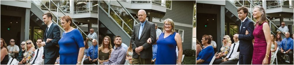 Premier snohomish & seattle wedding photographer | gsquared weddings photography three panel photo of wedding guests walking down an outdoor aisle at a snohomish seattle wedding People are smiling some holding arms while seated guests watch A modern building with stairs is visible in the background | serving snohomish seattle                   & beyond