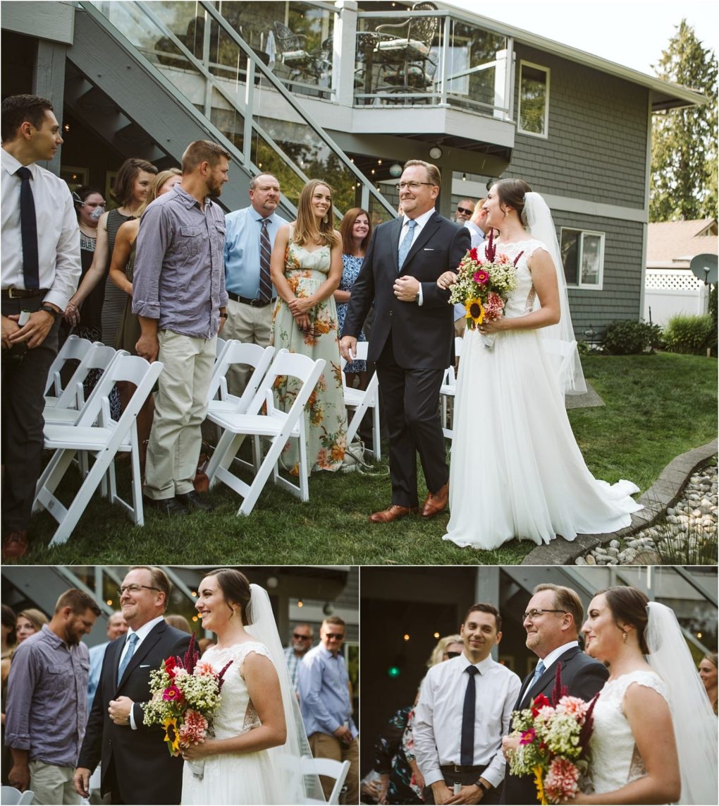 Premier snohomish & seattle wedding photographer | gsquared weddings photography a bride in a white dress and veil walks down the outdoor aisle with a man in a suit holding a colorful bouquet at their snohomish wedding Guests seated in white chairs smile and watch Two close up photos show the pair smiling together | serving snohomish seattle                   & beyond