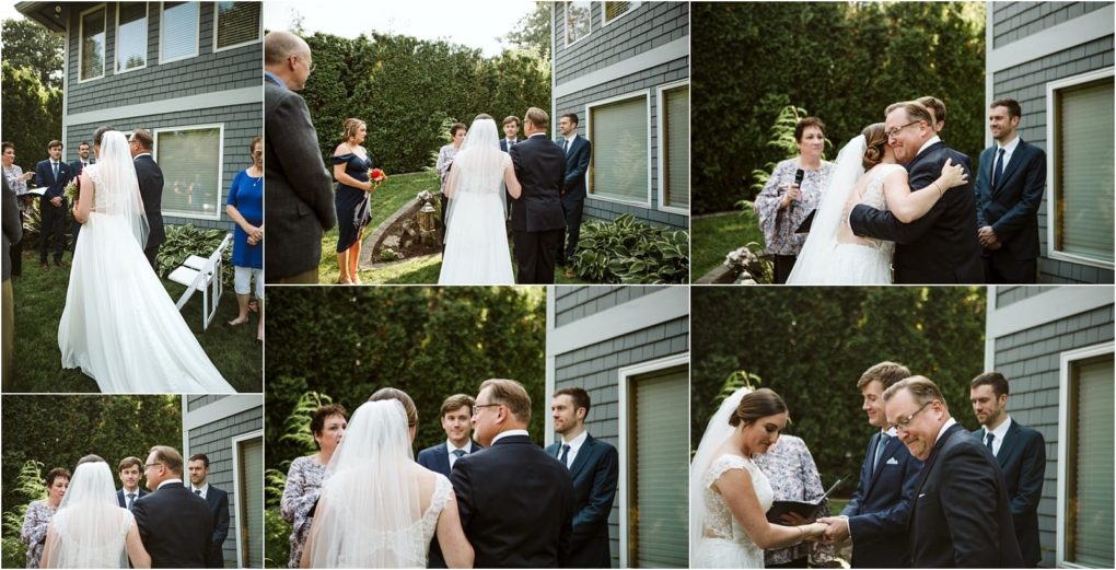 Premier snohomish & seattle wedding photographer | gsquared weddings photography a collage of six snohomish outdoor wedding ceremony photos shows a bride in a white gown and veil a groom in a suit and family and friends gathered beside a gray house with green plants | serving snohomish seattle                   & beyond