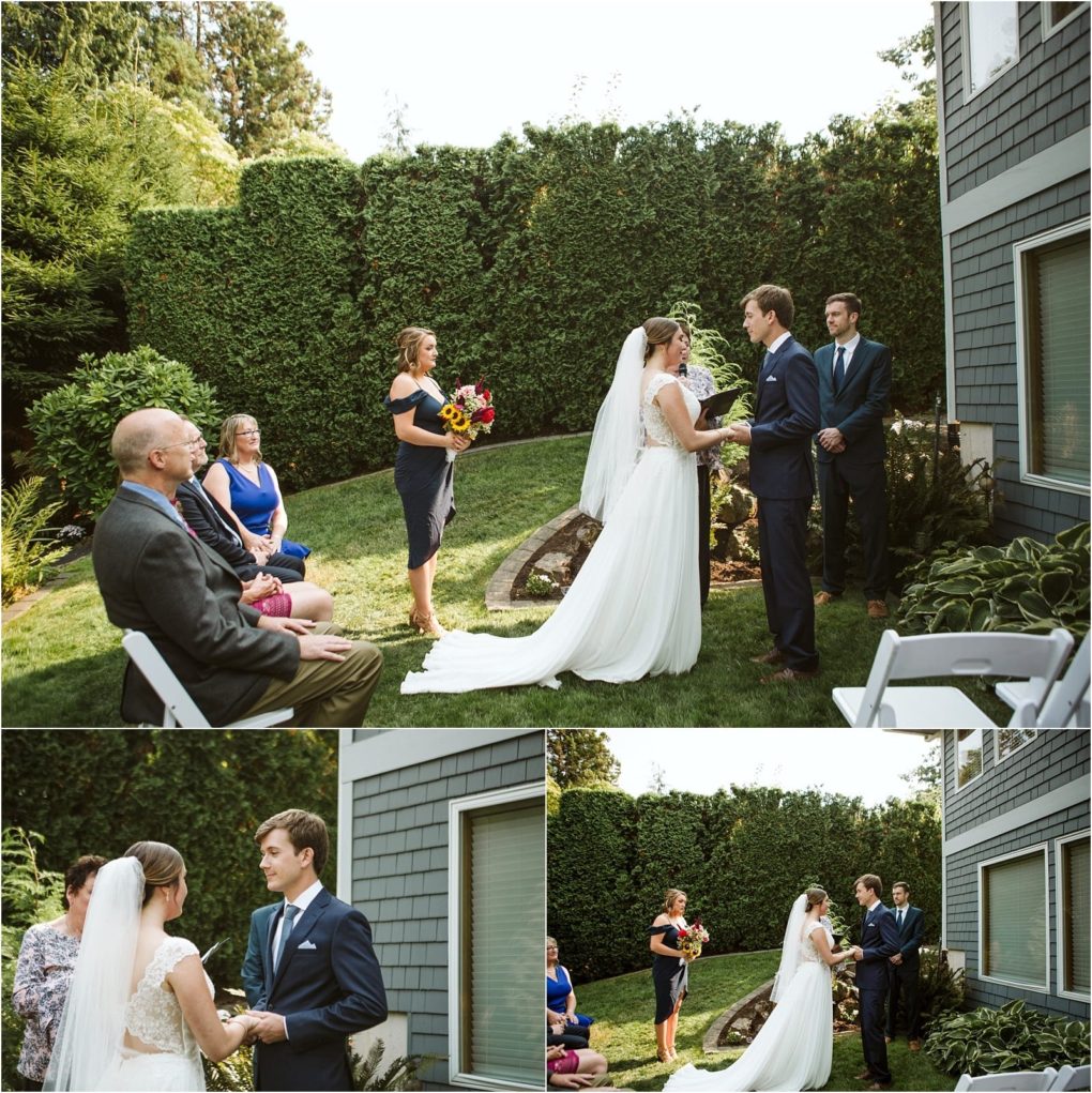 Premier snohomish & seattle wedding photographer | gsquared weddings photography a small snohomish outdoor wedding ceremony a bride and groom stand facing each other holding hands with a few guests seated nearby and a bridesmaid and officiant beside them near a hedge and house | serving snohomish seattle                   & beyond