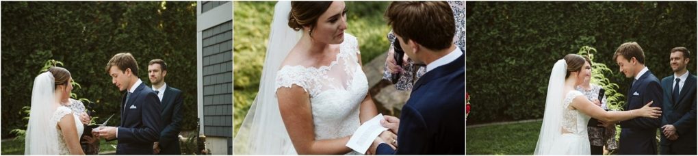 Premier snohomish & seattle wedding photographer | gsquared weddings photography a bride and groom exchange vows and hold hands outdoors during their snohomish wedding ceremony with lush greenery in the background and an officiant standing nearby | serving snohomish seattle                   & beyond