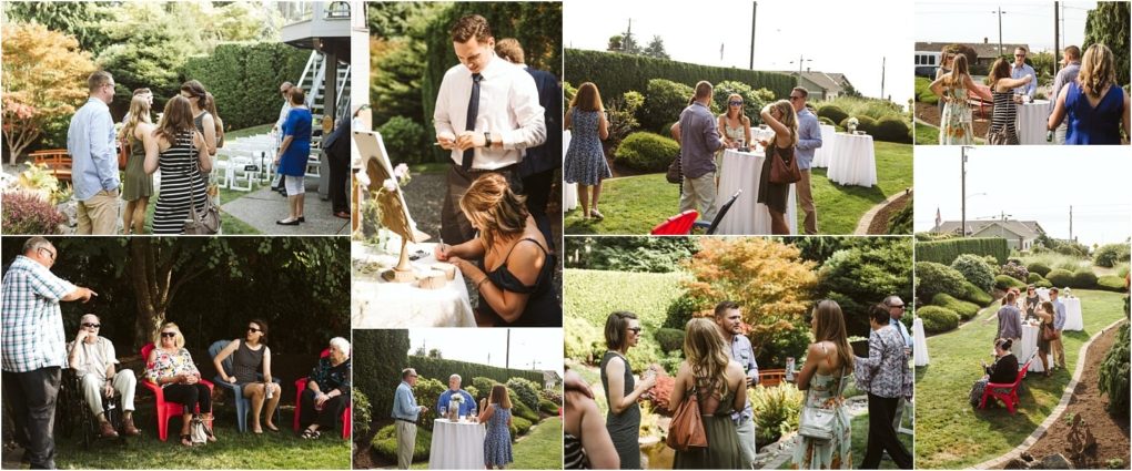 Premier snohomish & seattle wedding photographer | gsquared weddings photography a collage of outdoor gathering scenes shows groups socializing signing a guest book and enjoying a sunny snohomish seattle wedding engagement with greenery and casual summer attire | serving snohomish seattle                   & beyond