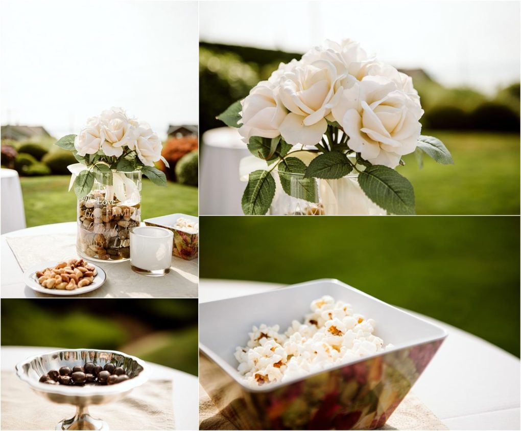 Premier snohomish & seattle wedding photographer | gsquared weddings photography a collage of outdoor table settings at a snohomish seattle wedding featuring white roses in a glass vase bowls of popcorn nuts chocolate candies and a candle with green grass and shrubs in the background | serving snohomish seattle                   & beyond
