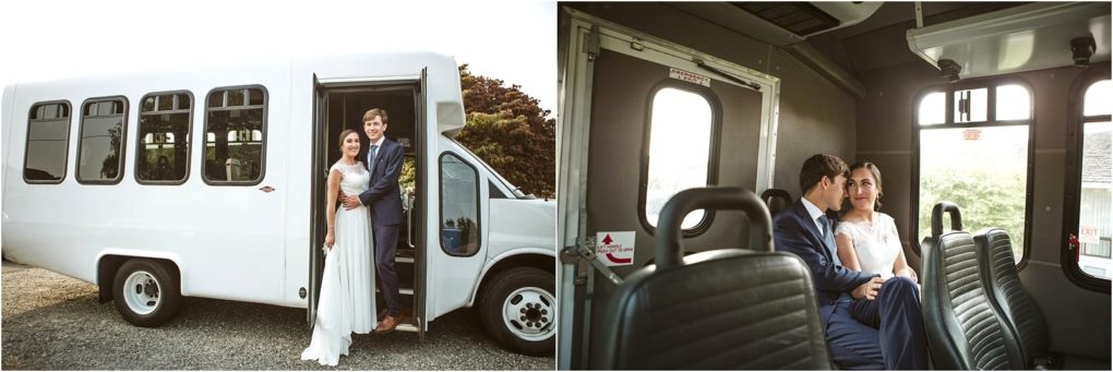 Premier snohomish & seattle wedding photographer | gsquared weddings photography a snohomish bride and groom stand together at the door of a white shuttle bus then sit side by side inside looking at each other lovinglycapturing a sweet seattle wedding moment | serving snohomish seattle                   & beyond