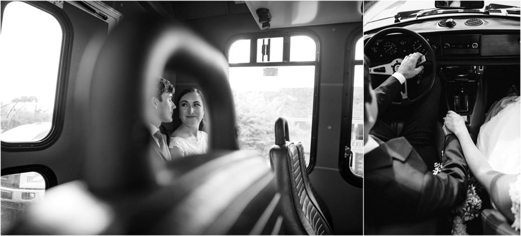 Premier snohomish & seattle wedding photographer | gsquared weddings photography a black and white photo collage shows a bride and groom sitting together on a bus in snohomish gazing at each other and holding hands in a car capturing intimate seattle wedding moments | serving snohomish seattle                   & beyond