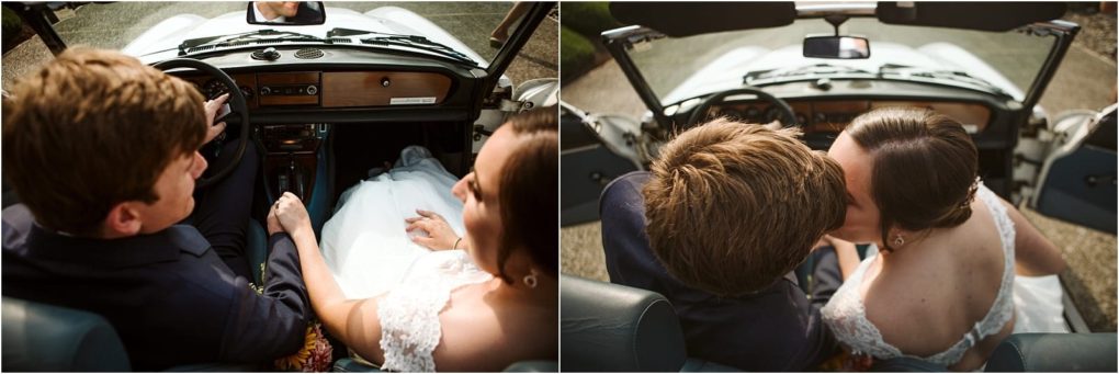 Premier snohomish & seattle wedding photographer | gsquared weddings photography a bride and groom sit in a vintage convertible holding hands In the second photo they share a kissviewed from abovecapturing a romantic snohomish wedding moment on their special day | serving snohomish seattle                   & beyond