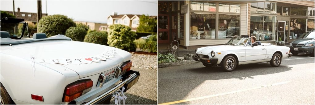 Premier snohomish & seattle wedding photographer | gsquared weddings photography a white vintage convertible with a just married sign is parked on a street in front of a shop and shown in a driveway decorated for a snohomish wedding or seattle engagement celebration | serving snohomish seattle                   & beyond
