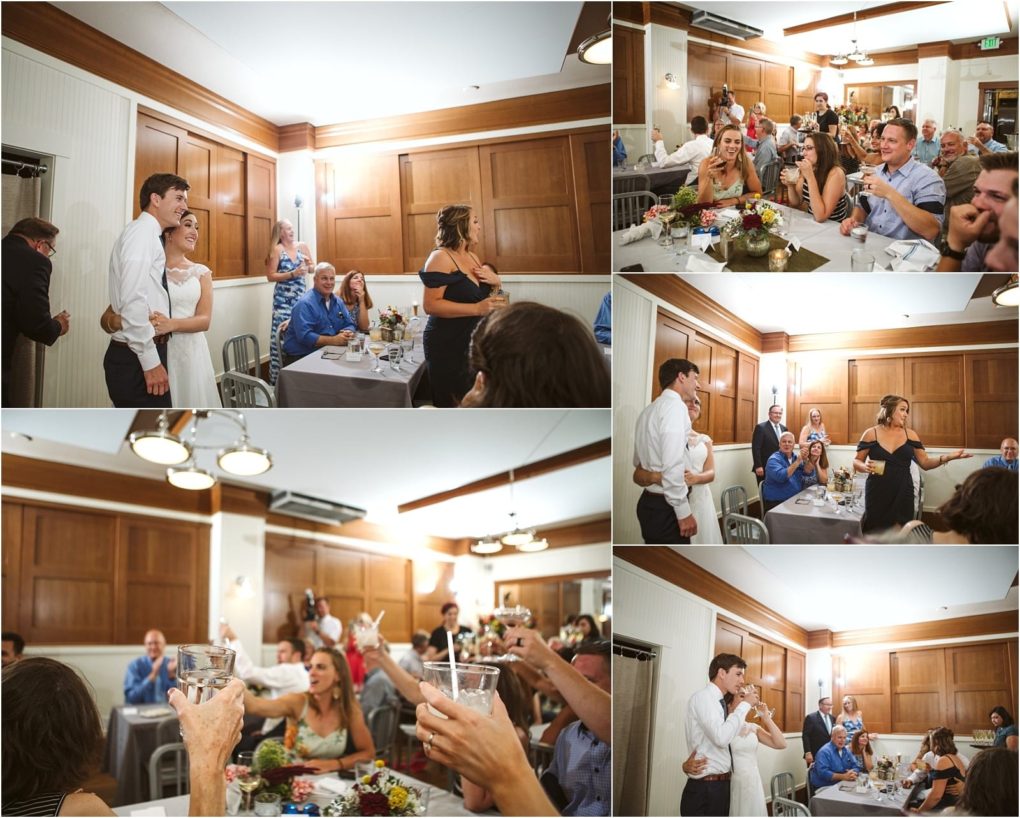 Premier snohomish & seattle wedding photographer | gsquared weddings photography a collage of snohomish wedding reception photos shows guests raising glasses in a toast the bride and groom smiling and a woman delivering a speech in a warmly lit wood paneled room near seattle | serving snohomish seattle                   & beyond