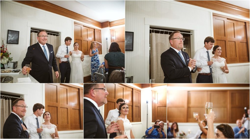 Premier snohomish & seattle wedding photographer | gsquared weddings photography a collage of four snohomish wedding reception photos shows a man in a suit giving a toast to the bride and groom Guests listen and the happy couple smile with champagne glasses in a room with wooden paneling and white walls | serving snohomish seattle                   & beyond