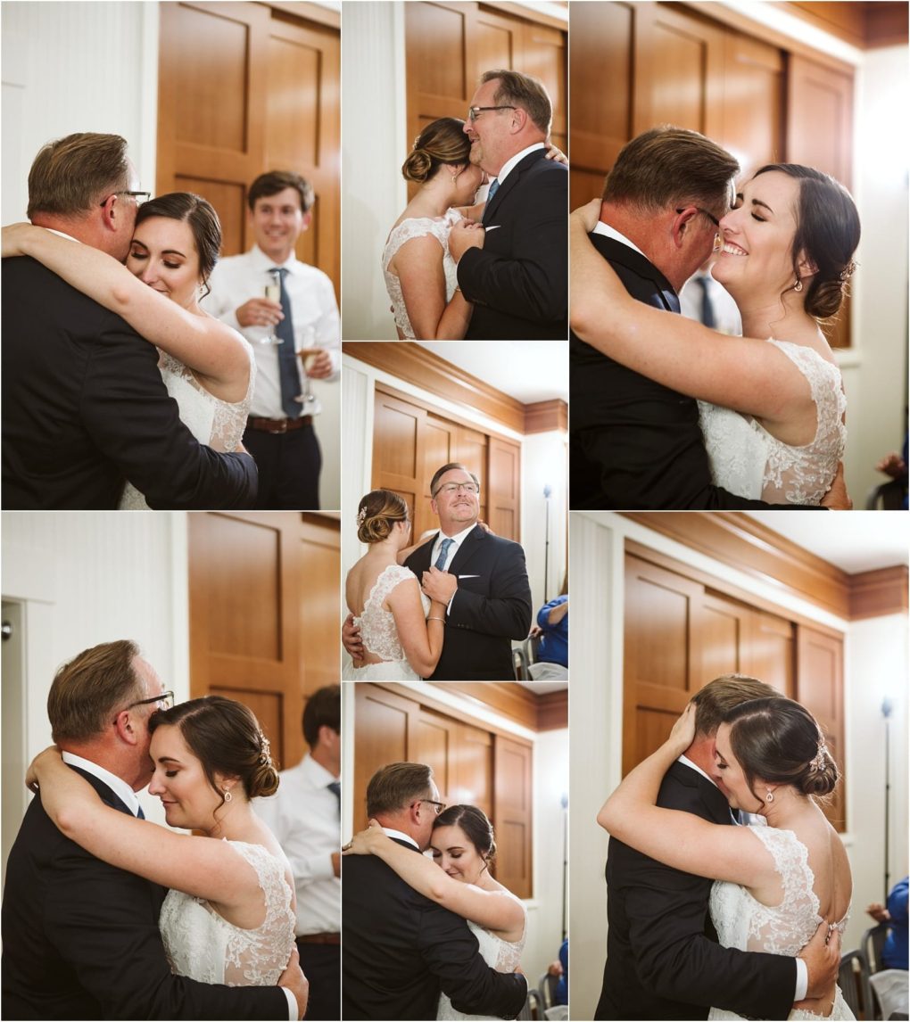 Premier snohomish & seattle wedding photographer | gsquared weddings photography a bride and her father share an emotional dance embracing closely and smiling This snohomish wedding series captures their joyful tender moments with wooden paneling and a man in a tie in the background | serving snohomish seattle                   & beyond