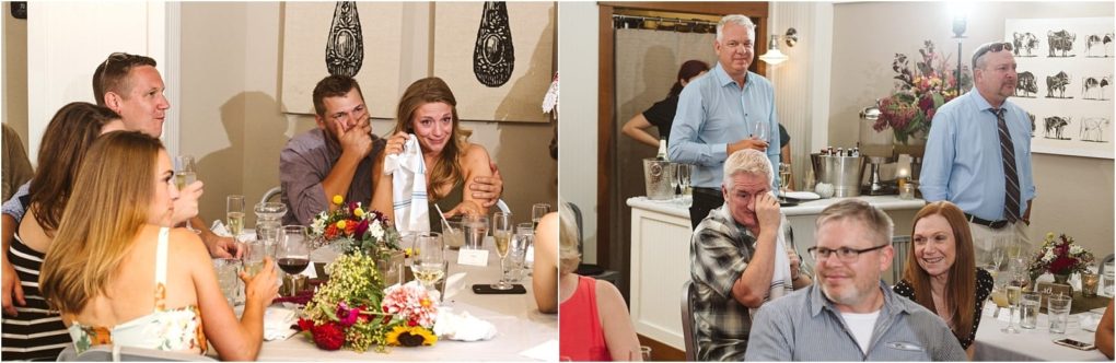 Premier snohomish & seattle wedding photographer | gsquared weddings photography two photos side by side on the left guests at a snohomish wedding sit at a decorated table some smiling as a woman wipes tears On the right several people in a kitchen smile and watch something off camera during this seattle engagement celebration | serving snohomish seattle                   & beyond