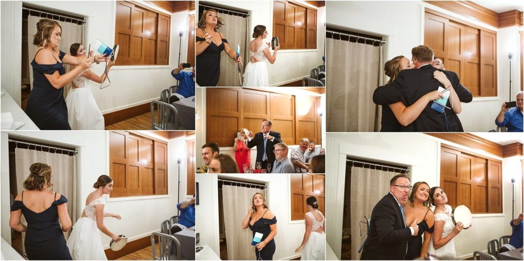 Premier snohomish & seattle wedding photographer | gsquared weddings photography a collage of snohomish wedding reception moments a bride and guests laughing hugging celebrating and playing a shoe game in a warmly lit room with wood paneling Emotions range from joy to surprise at this seattle area celebration | serving snohomish seattle                   & beyond