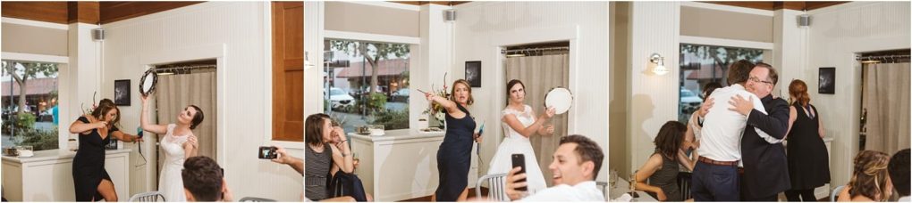 Premier snohomish & seattle wedding photographer | gsquared weddings photography a collage of three indoor photos on the left women pose and dance for a phone camera in the center two women sing or cheer at a snohomish seattle wedding one holding a tambourine on the right two men hug while others take photos | serving snohomish seattle                   & beyond