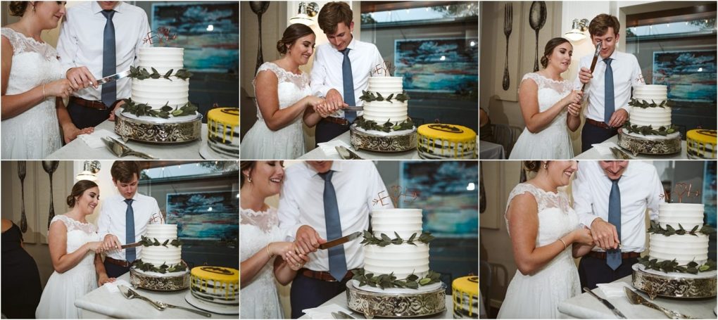Premier snohomish & seattle wedding photographer | gsquared weddings photography a smiling bride and groom cut their white wedding cake together in a rustic well lit room near snohomish seattle This three panel collage beautifully captures special moments from their wedding cake cutting ceremony | serving snohomish seattle                   & beyond