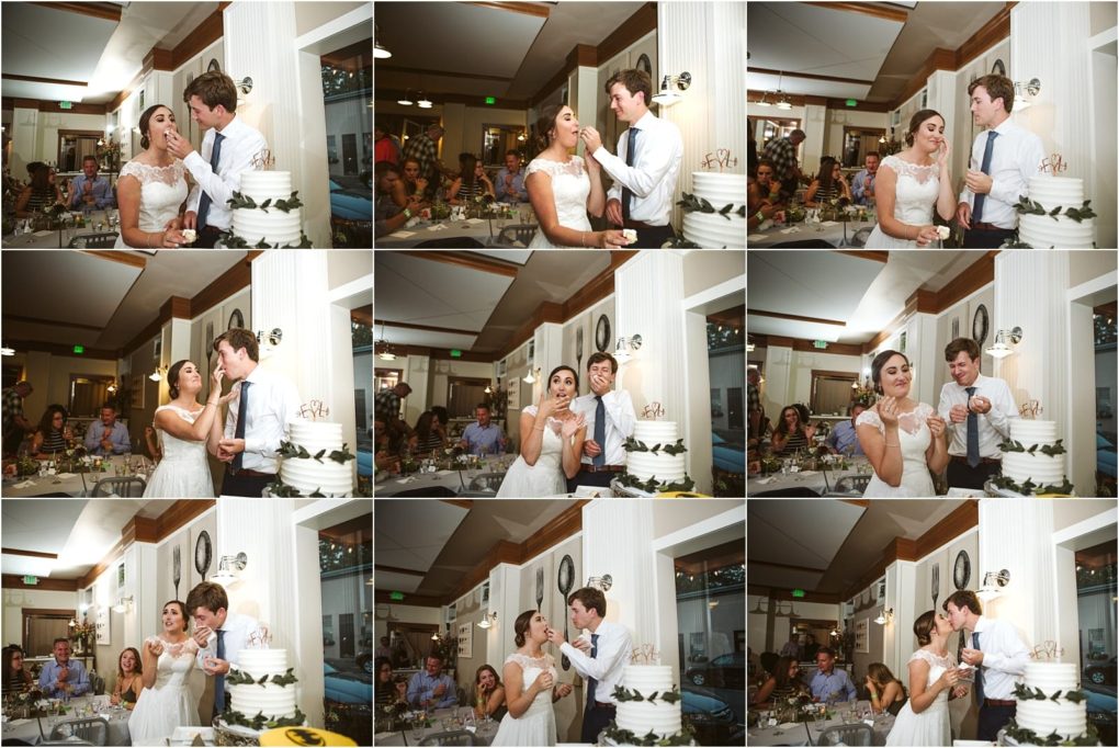 Premier snohomish & seattle wedding photographer | gsquared weddings photography a bride and groom cut and feed each other wedding cake smiling and laughing in a series of photos while guests watch and enjoy the celebration at their warmly lit snohomish seattle wedding reception | serving snohomish seattle                   & beyond