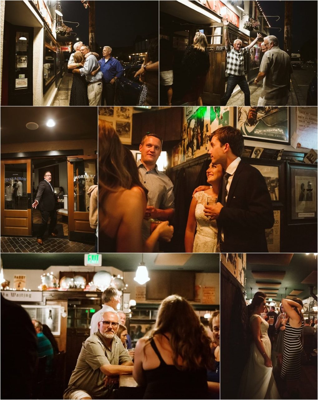 Premier snohomish & seattle wedding photographer | gsquared weddings photography a collage of candid moments at a lively snohomish bar showing people talking laughing dancing and enjoying drinksincluding a couple in wedding attire mingling with guests after their seattle engagement | serving snohomish seattle                   & beyond