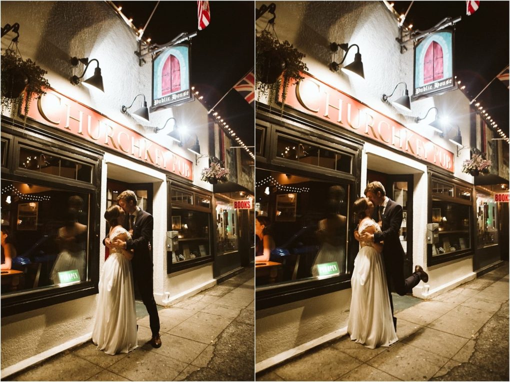 Premier snohomish & seattle wedding photographer | gsquared weddings photography two images of a joyful couple in wedding attire kissing outside the lit up churchill inn at night Capturing a romantic snohomish seattle wedding vibe the groom lifts the bride as they share an affectionate moment on a quiet street | serving snohomish seattle                   & beyond