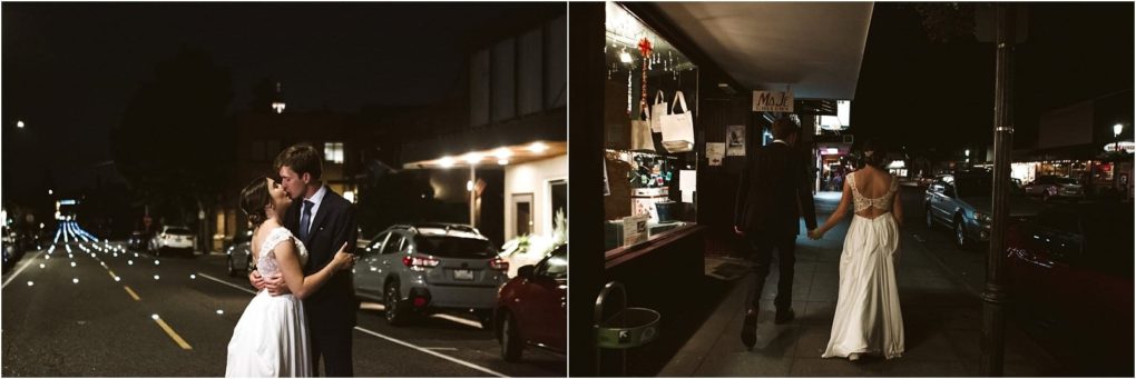 Premier snohomish & seattle wedding photographer | gsquared weddings photography two photos on the left a snohomish bride and groom embrace in the middle of a street at night On the right they walk hand in hand down a sidewalk past shop windows seen from behind during their wedding engagement | serving snohomish seattle                   & beyond