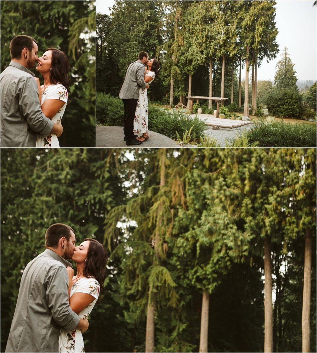 Premier snohomish & seattle wedding photographer | gsquared weddings photography a couple embraces and kisses outdoors surrounded by tall green trees and lush greenery The romantic serene mood captures a perfect snohomish seattle wedding engagement in a natural park like setting | serving snohomish seattle                   & beyond