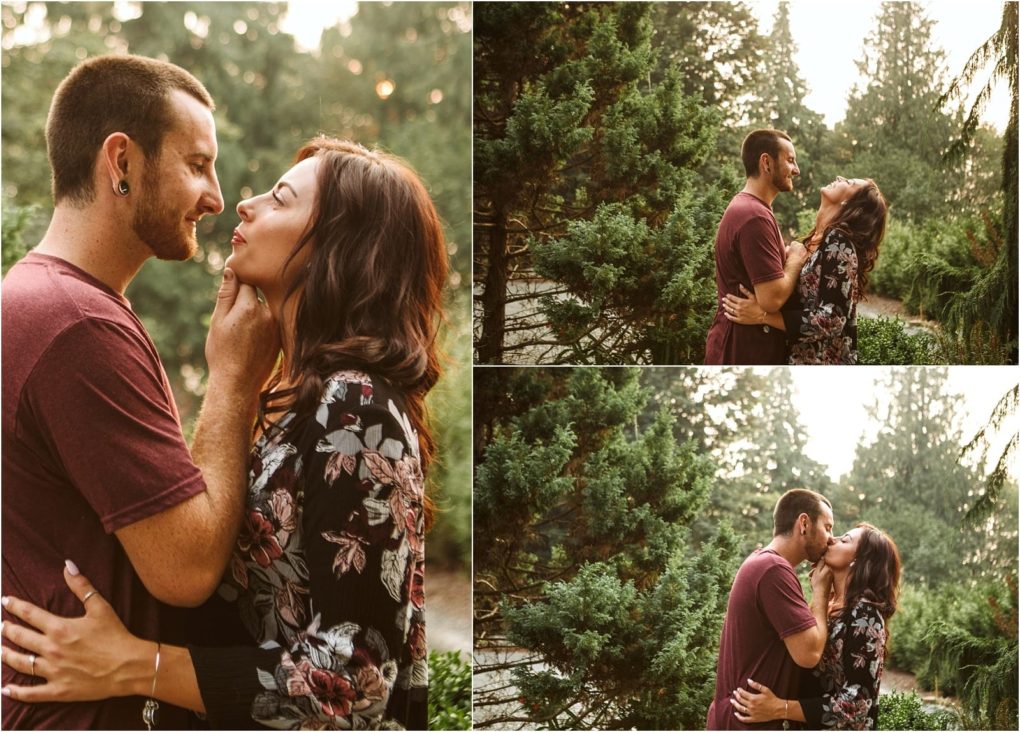Premier snohomish & seattle wedding photographer | gsquared weddings photography a couple stands closely in a park for their snohomish seattle wedding engagement gazing at each other and smiling in one photo in the others they embrace and kiss surrounded by greenery and warm sunlight | serving snohomish seattle                   & beyond
