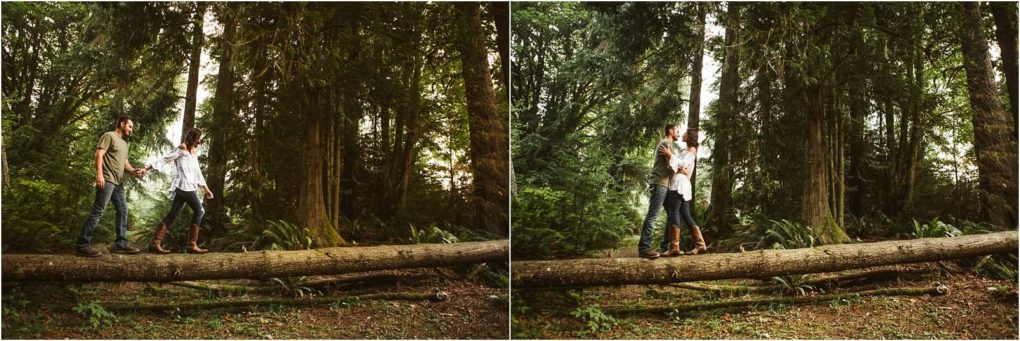 Premier snohomish & seattle wedding photographer | gsquared weddings photography a couple walks on a fallen tree in a forest in the left image they hold hands and in the right image they embrace and kissan intimate snohomish seattle wedding engagement surrounded by tall trees and lush green foliage | serving snohomish seattle                   & beyond