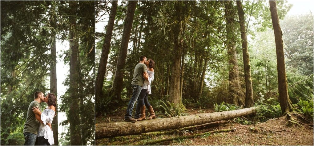 Premier snohomish & seattle wedding photographer | gsquared weddings photography a couple stands in a lush green forest near snohomish On the left they embrace and look into each others eyes On the right they stand together on a fallen tree surrounded by tall fernsperfect for a seattle wedding engagement shoot | serving snohomish seattle                   & beyond