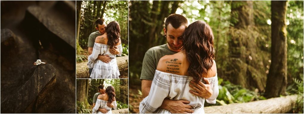 Premier snohomish & seattle wedding photographer | gsquared weddings photography a couple embraces in a forest near snohomish the woman in a white off shoulder dress showing a tattoo on her back Close ups highlight their hug and an engagement ring on a mossy log as sunlight filters through the treesa dreamy seattle engagement moment | serving snohomish seattle                   & beyond