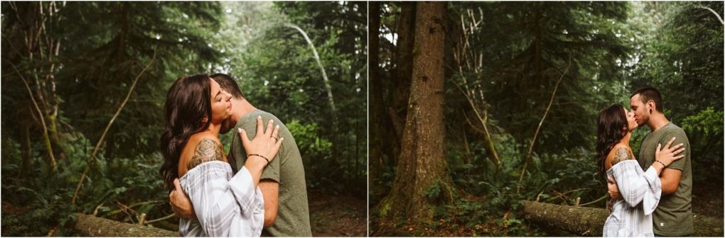 Premier snohomish & seattle wedding photographer | gsquared weddings photography a couple embraces and kisses in a lush green forest during their snohomish engagement The woman wears an off the shoulder white top the man a green shirt Tall trees and dense foliage surround them creating a romantic natural setting | serving snohomish seattle                   & beyond