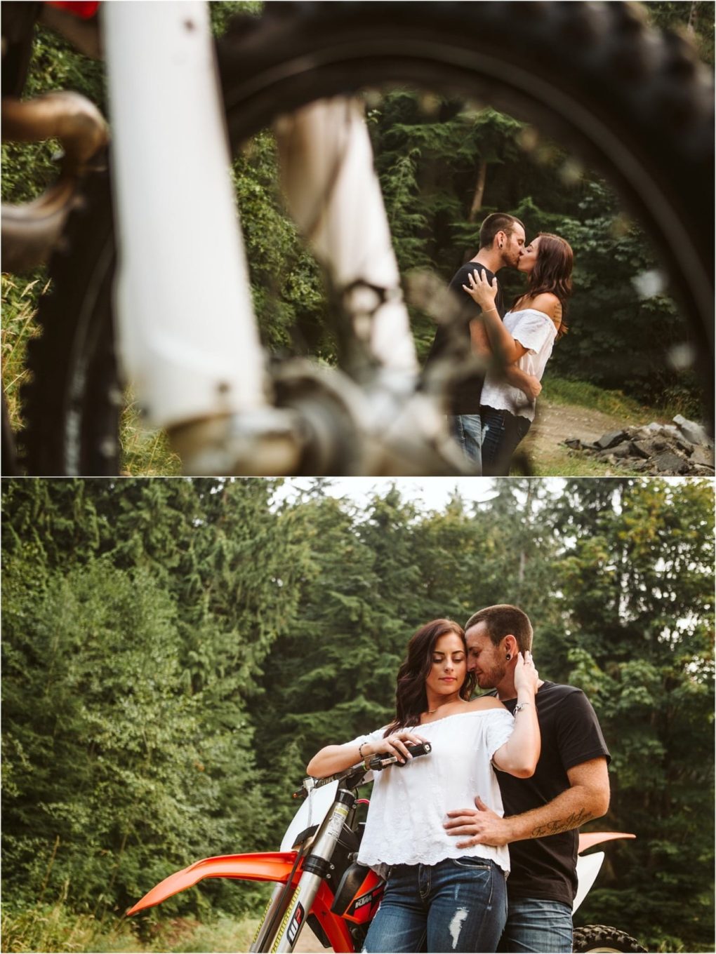 Premier snohomish & seattle wedding photographer | gsquared weddings photography a couple stands close together in a forest holding each other beside a dirt bike during their snohomish seattle wedding engagement In one photo they kiss behind the bikes wheel in another they embrace amid the trees and greenery | serving snohomish seattle                   & beyond