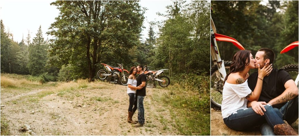 Premier snohomish & seattle wedding photographer | gsquared weddings photography a couple embraces and kisses outdoors near two parked dirt bikes on a forest trailcapturing the adventurous spirit of a snohomish seattle wedding engagement In one image they stand together in another they sit smiling and holding each other lovingly | serving snohomish seattle                   & beyond