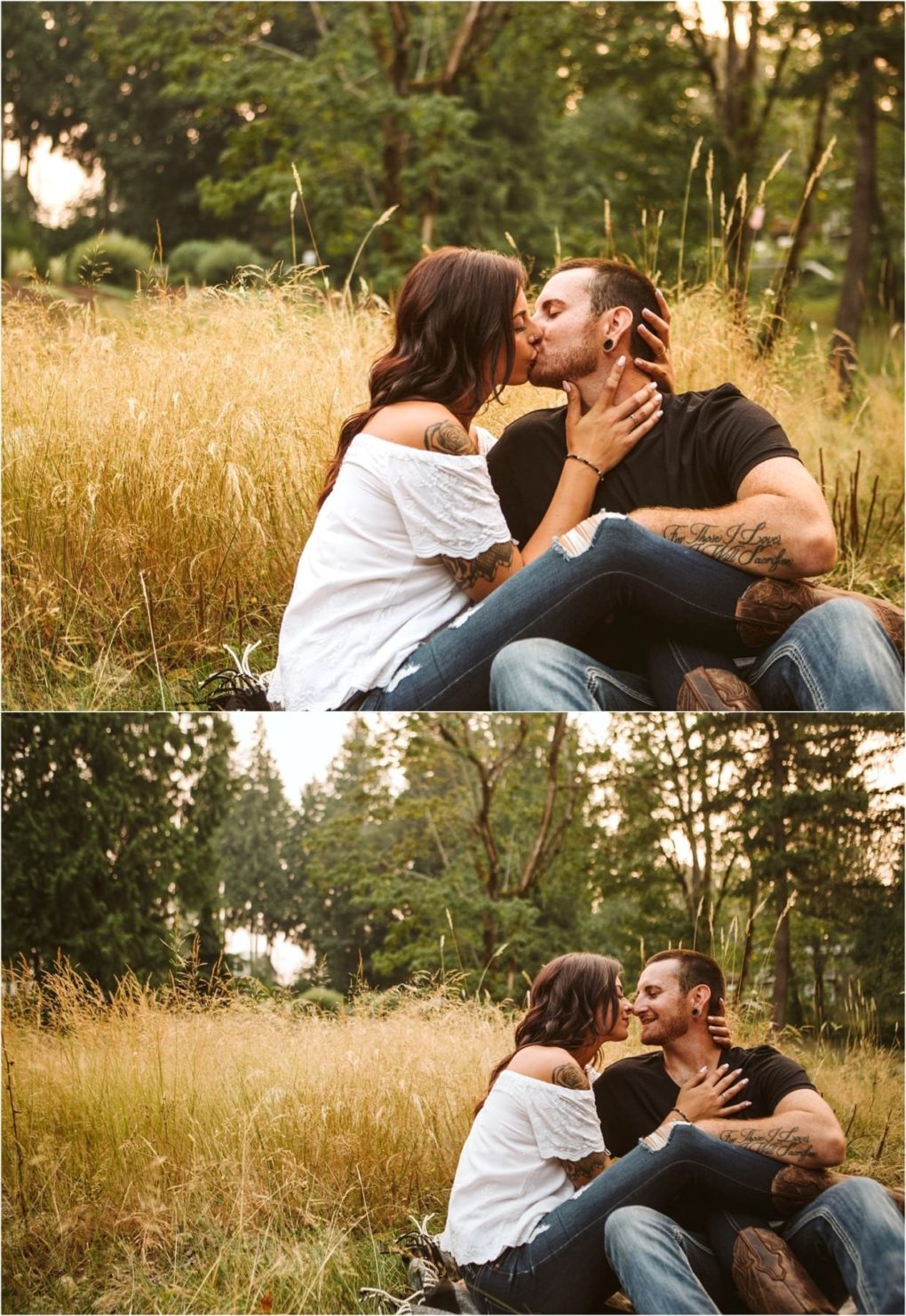 Premier snohomish & seattle wedding photographer | gsquared weddings photography two people sit close together in a grassy field In the top image they share a kiss in the bottom they smile at each other The lush background sets a perfect scene for this snohomish seattle wedding engagement moment | serving snohomish seattle                   & beyond